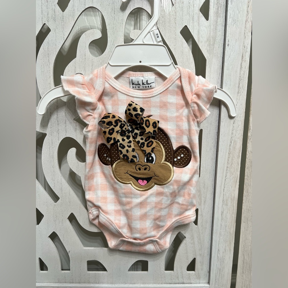 Nicole Miller New York Monkey Ribbon Baby Girl Onesie
